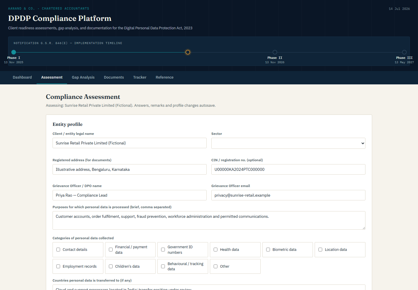 DPDP assessment showing a fictional organisation profile and assessment sections